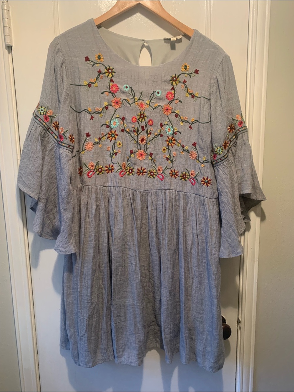 Umgee Blue Floral Boho Embroidered Size Large Babydoll Dress Cotton Blend - Picture 2 of 16